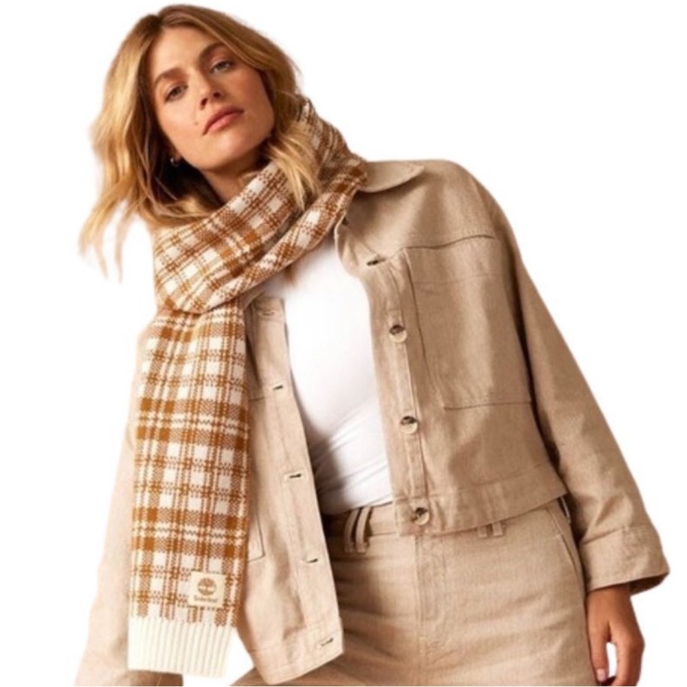Timberland Tan Brown and White Off-white Buffalo Plaid Scarf
